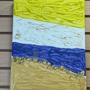 Abstract Layered Canvas Artwork - Yellow, White, Blue, Gold, Tan zigzag life